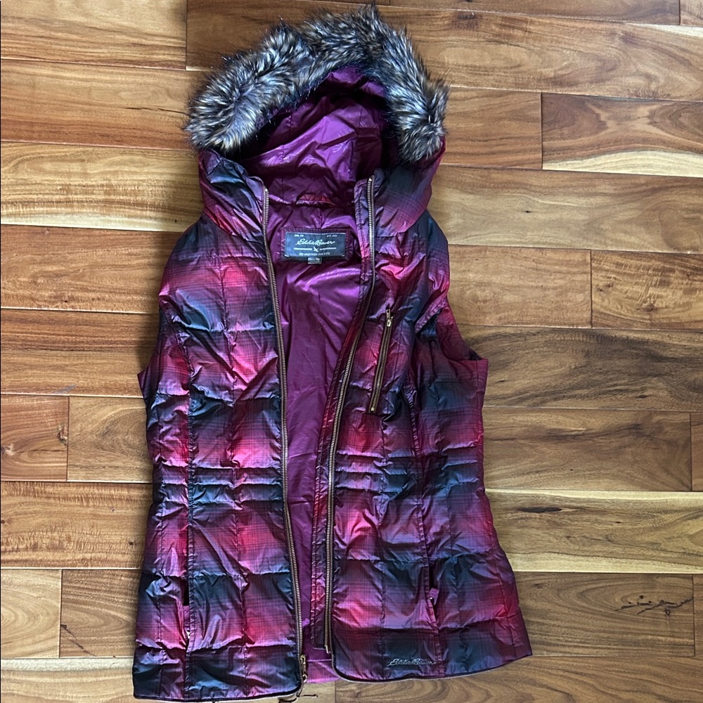 Eddie Bauer Women's Red and Black Puffer Vest with Faux Fur Hood